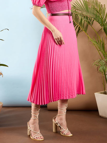 Pink Accordion Pleated Midi Skirt