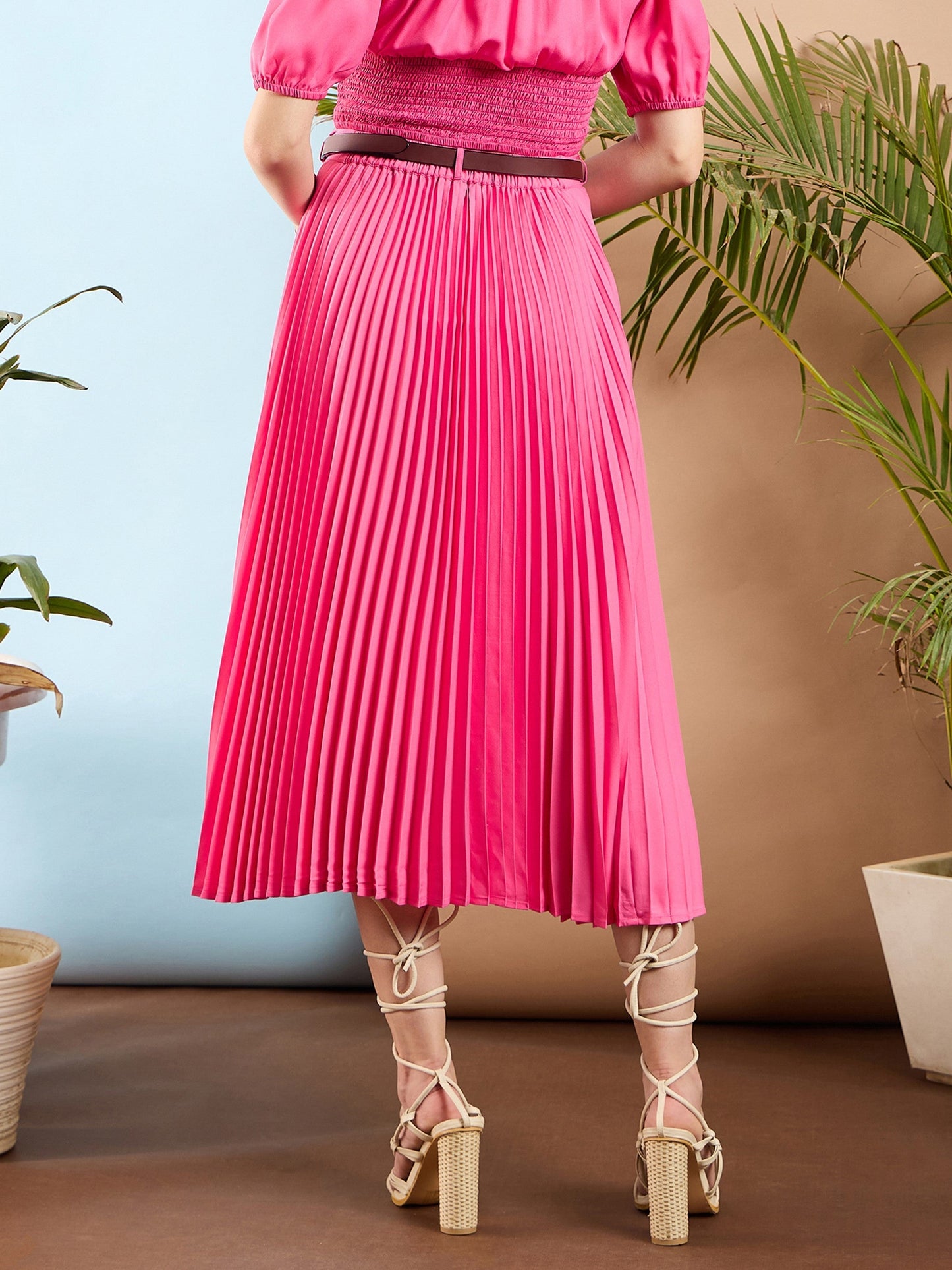 Pink Accordion Pleated Midi Skirt