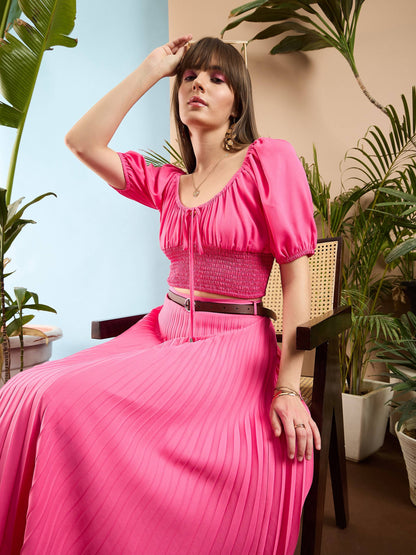 Pink Accordion Pleated Midi Skirt