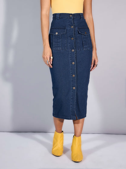 Blue Blast Denim Front Button Midi Skirt