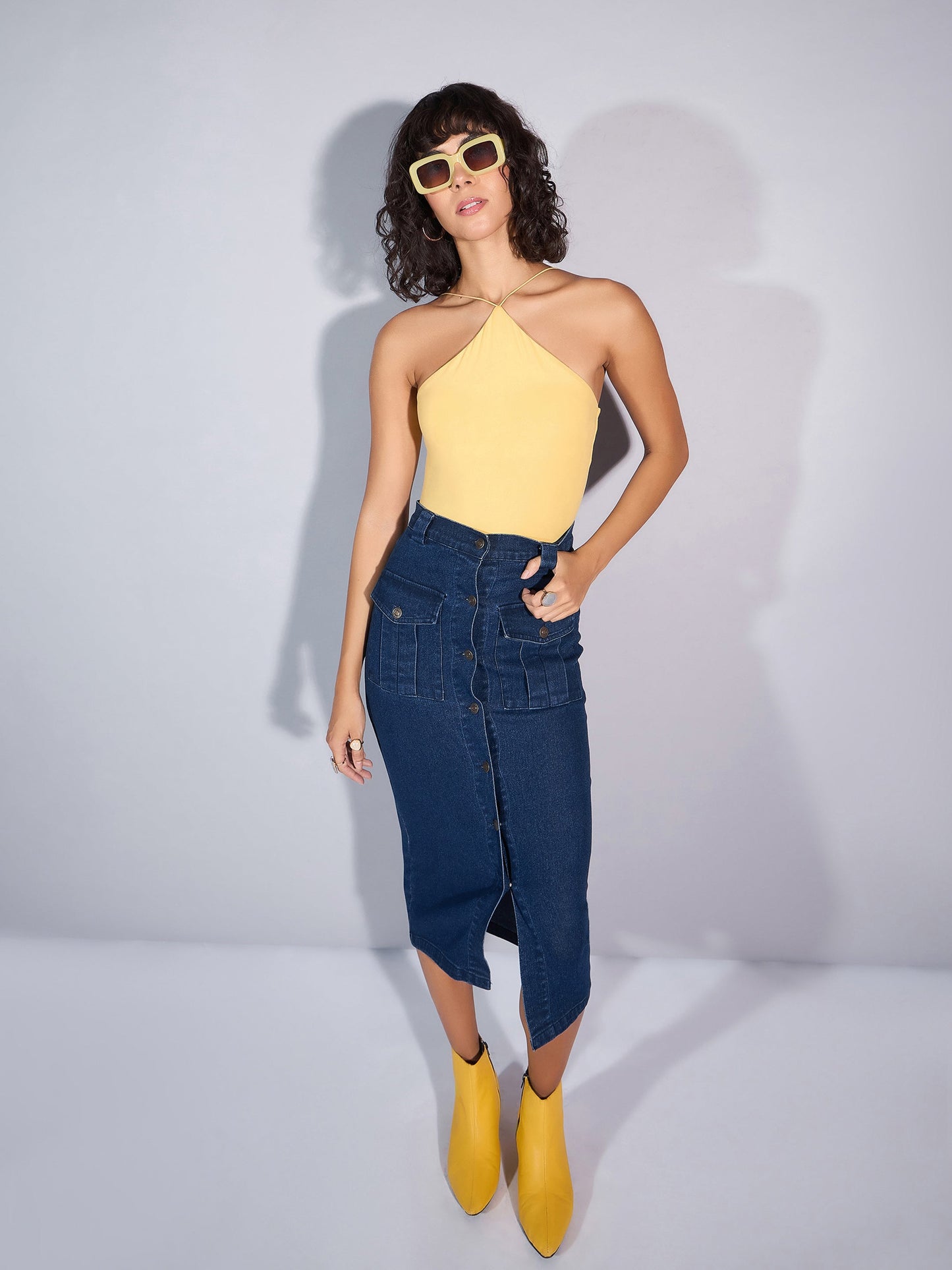 Blue Blast Denim Front Button Midi Skirt