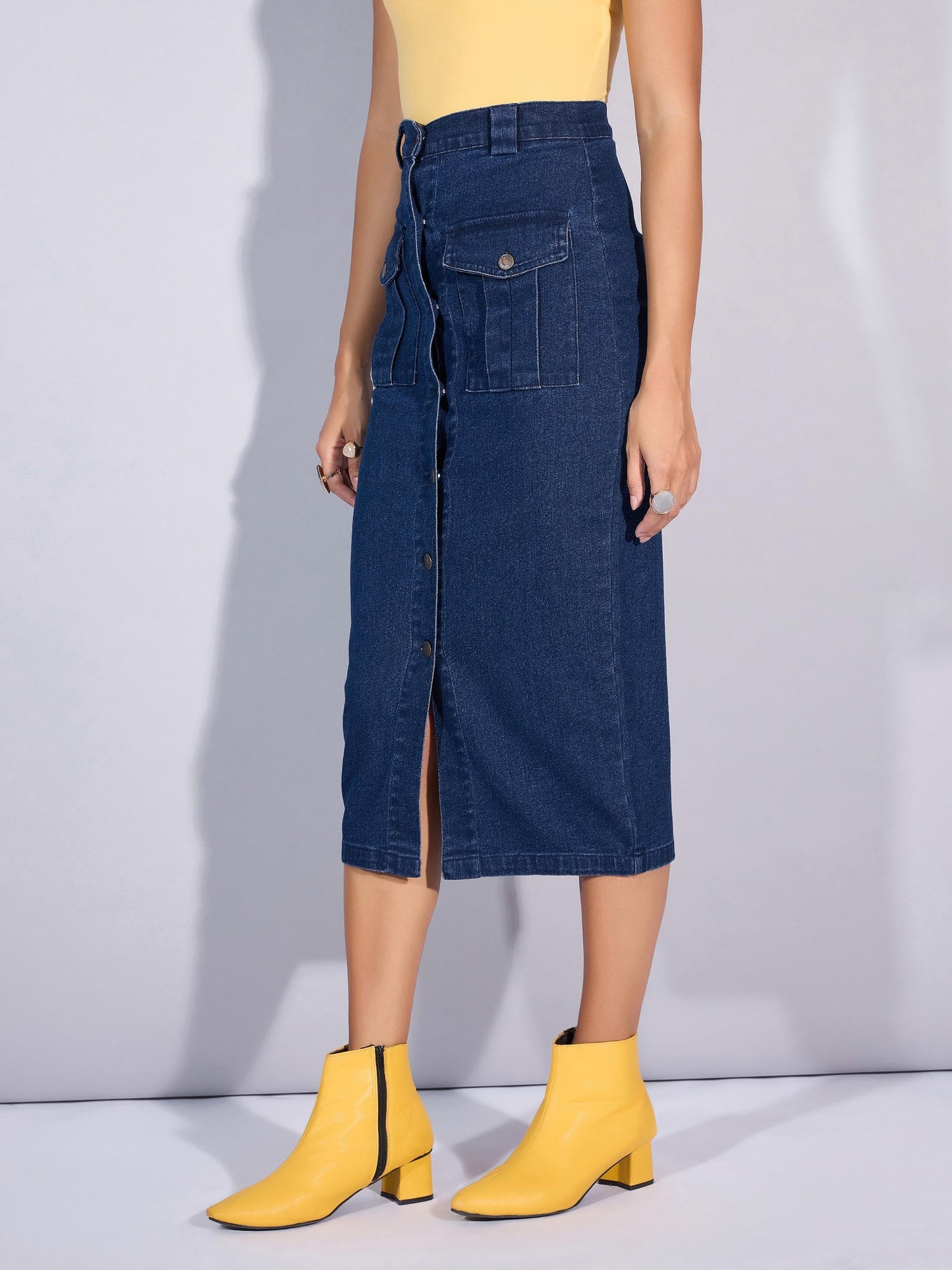 Blue Blast Denim Front Button Midi Skirt