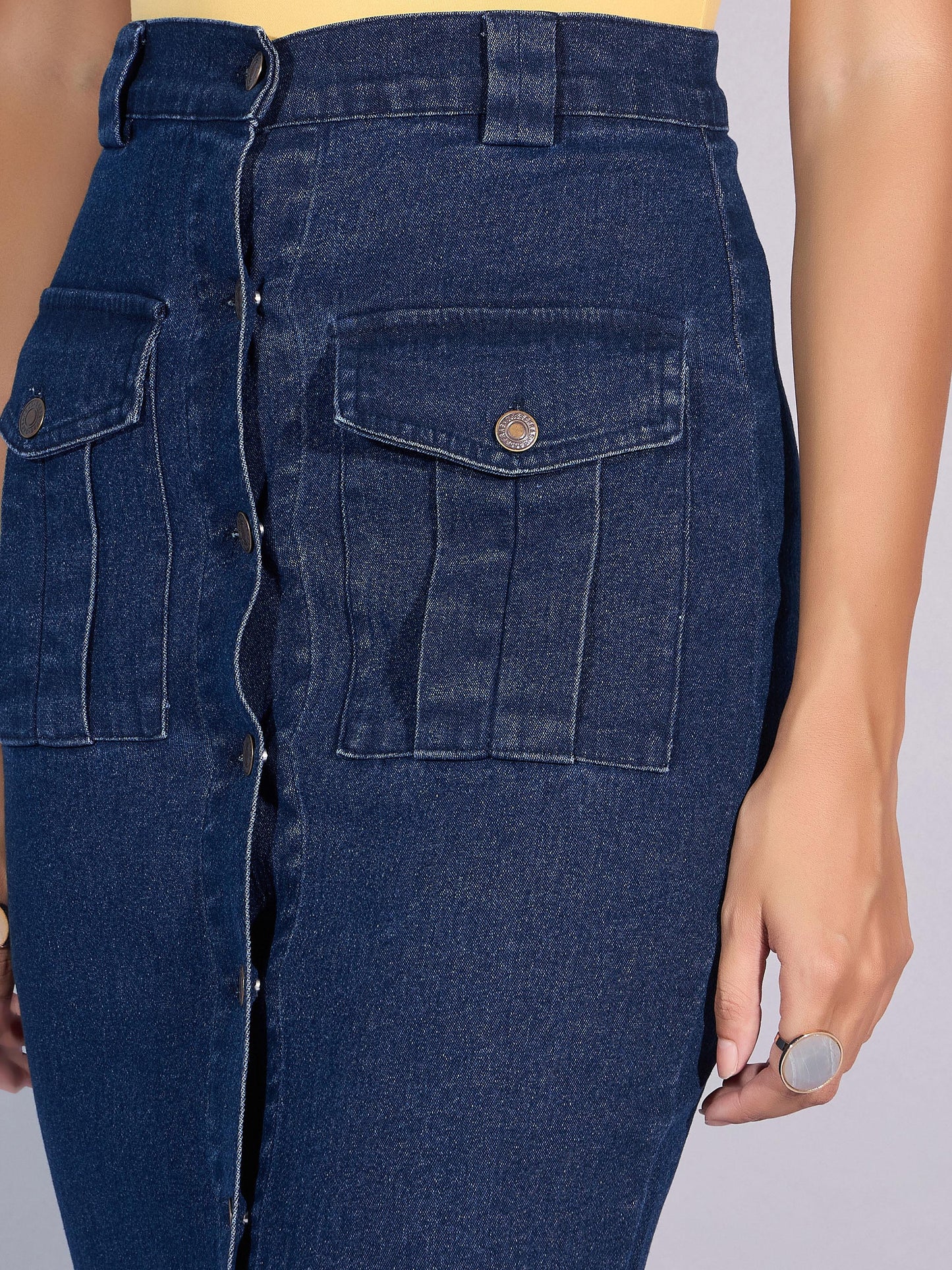 Blue Blast Denim Front Button Midi Skirt