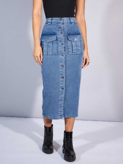 Blue Washed Denim Front Button Midi Skirt