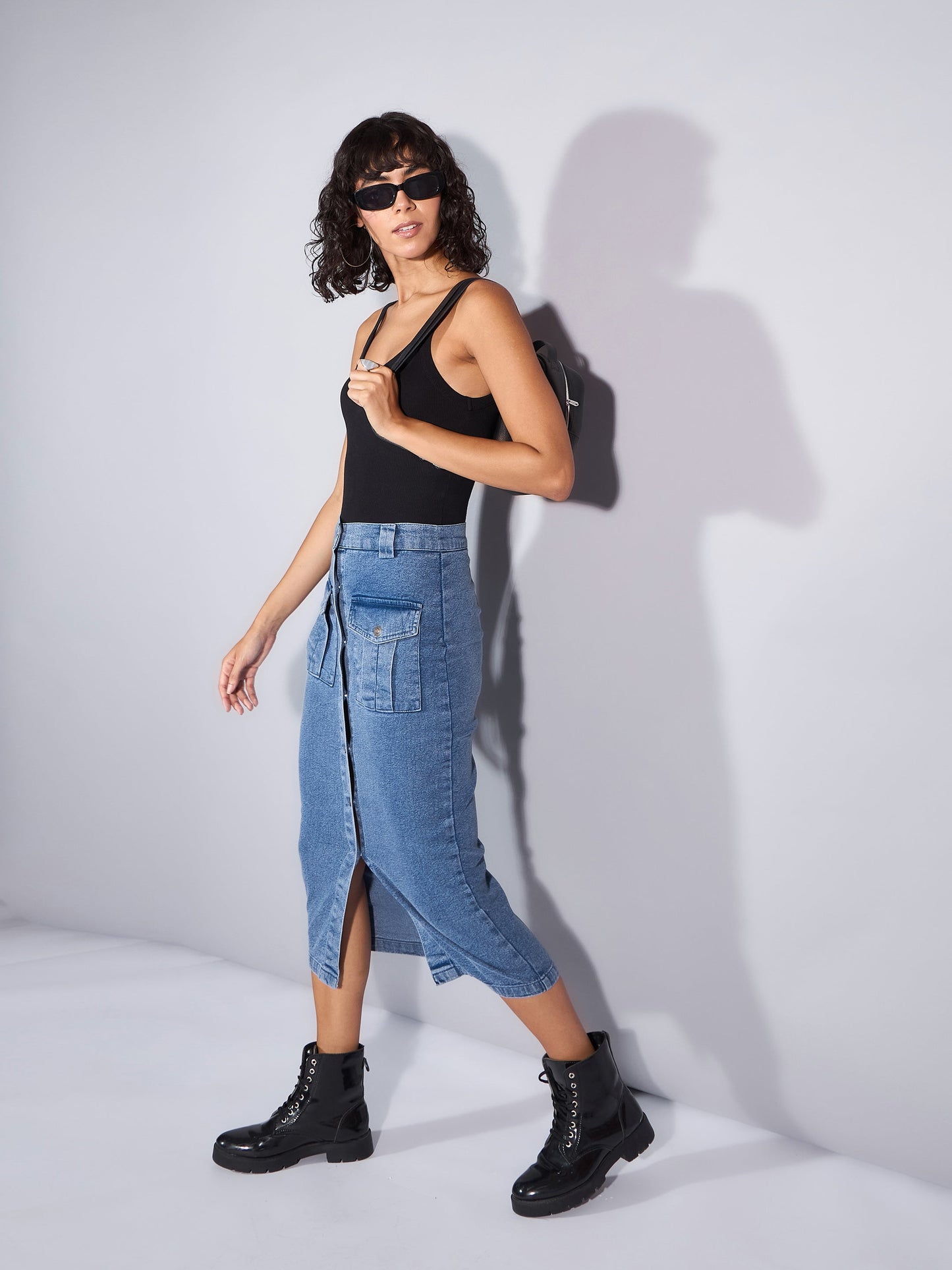 Blue Washed Denim Front Button Midi Skirt