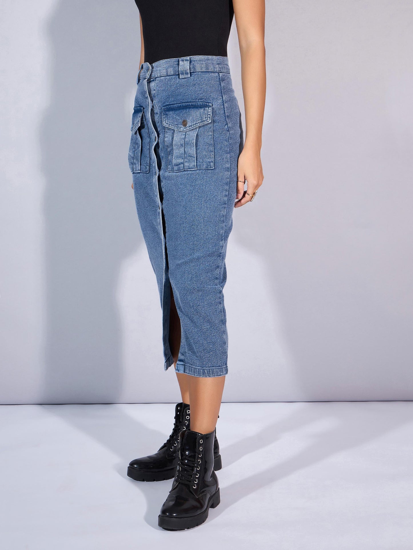 Blue Washed Denim Front Button Midi Skirt