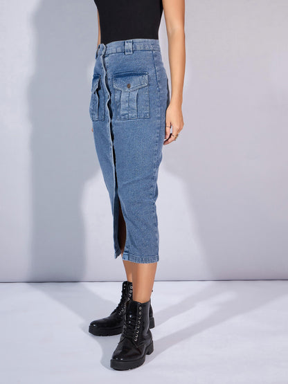 Blue Washed Denim Front Button Midi Skirt