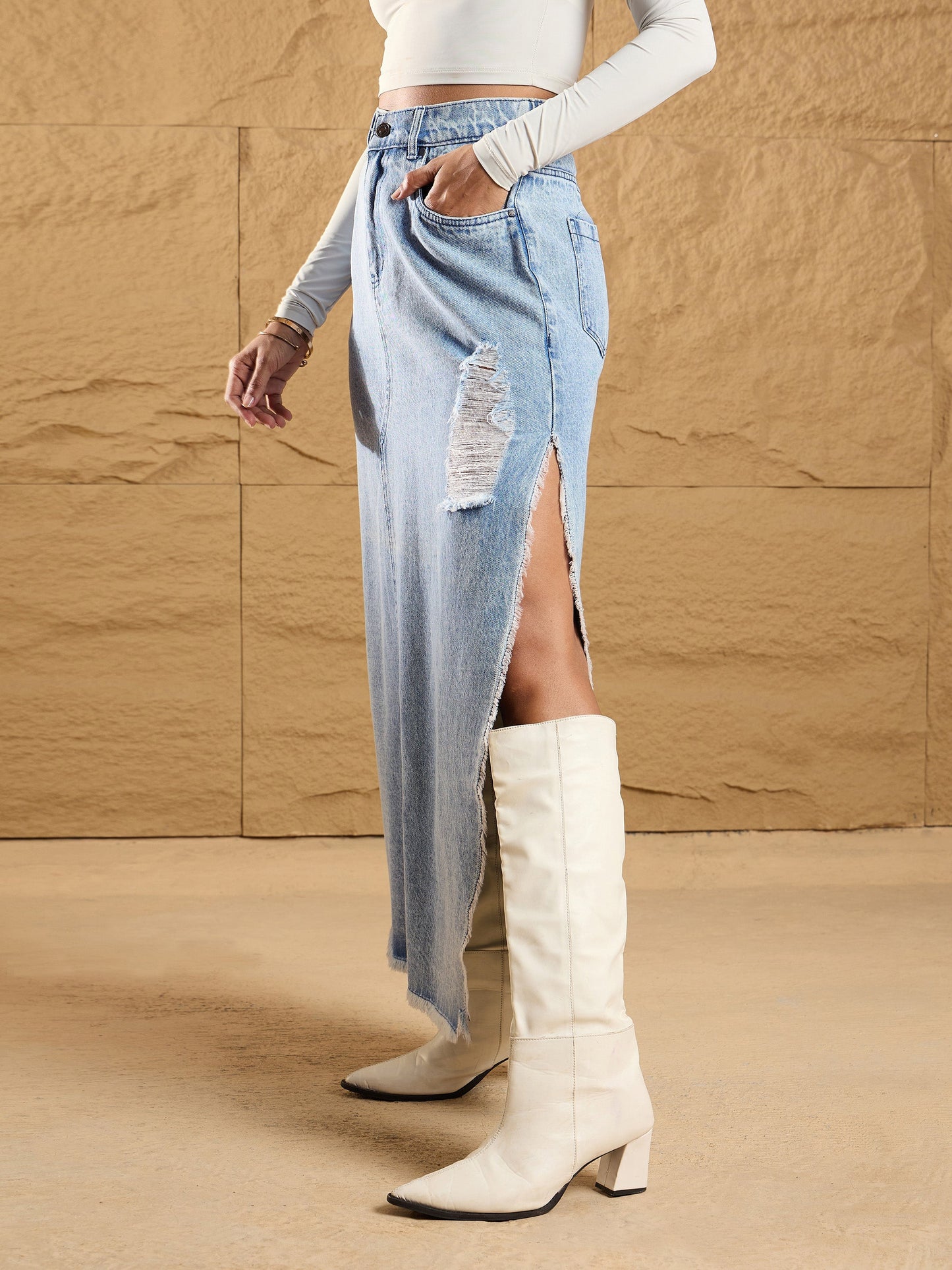 Women Ice Blue Distressed Side Slit Maxi Skirt