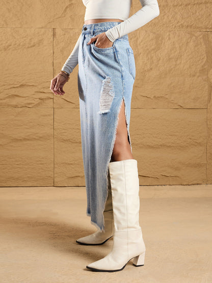 Women Ice Blue Distressed Side Slit Maxi Skirt