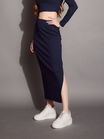 Women Navy Rib Pencil Skirt