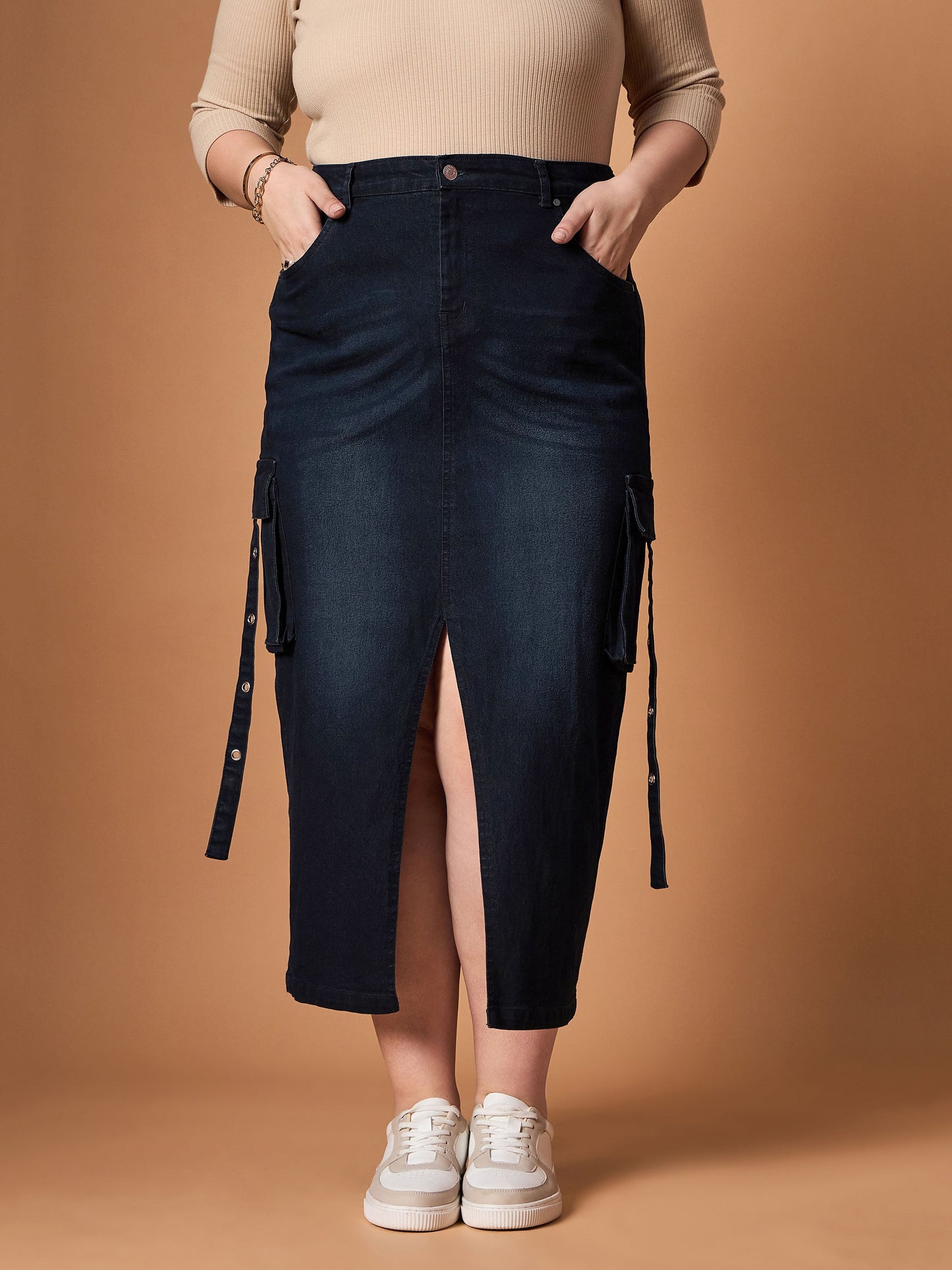 Plus size women's Black Denim Black Blast Denim Side Pocket Skirt by Sassafras Curve for wholesale buyers, boutiques, resellers and bulk orders from