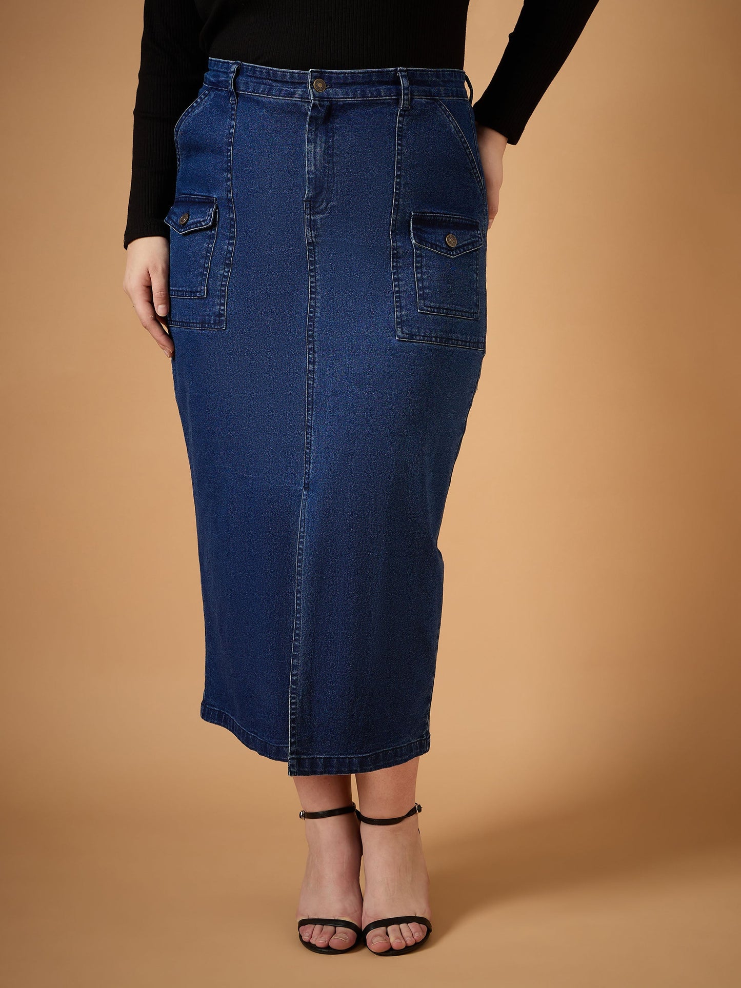 Plus size women's Navy Denim Navy Denim Wash Front Slit Skirt by Sassafras Curve for wholesale buyers, boutiques, resellers and bulk orders from