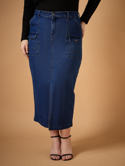 Plus size women's Navy Denim Navy Denim Wash Front Slit Skirt by Sassafras Curve for wholesale buyers, boutiques, resellers and bulk orders from