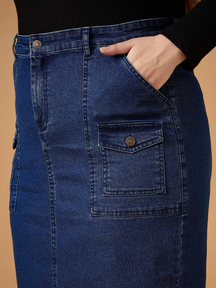 Navy Denim Wash Front Slit Skirt-SASSAFRAS Curve