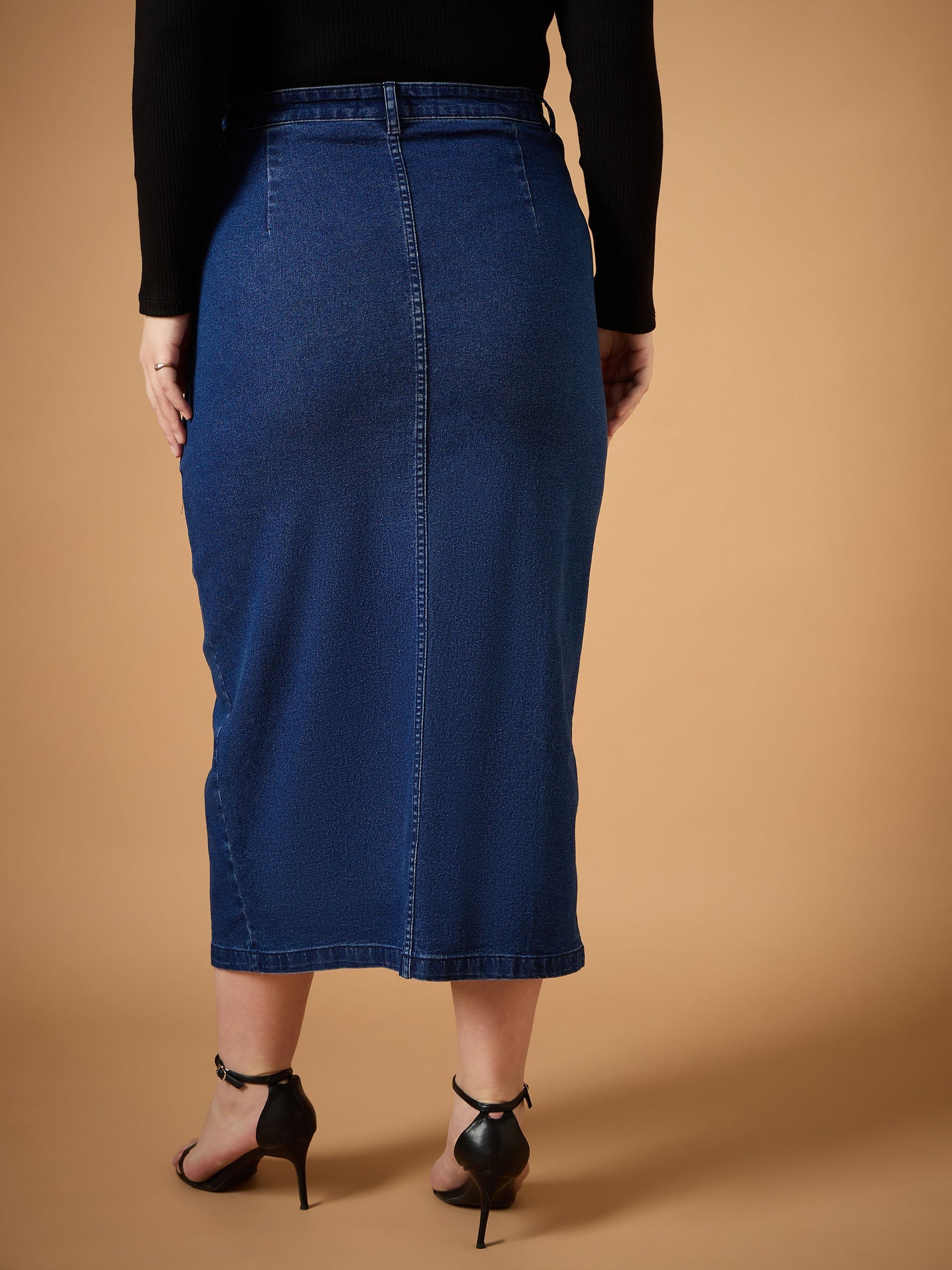 Navy Denim Wash Front Slit Skirt-SASSAFRAS Curve