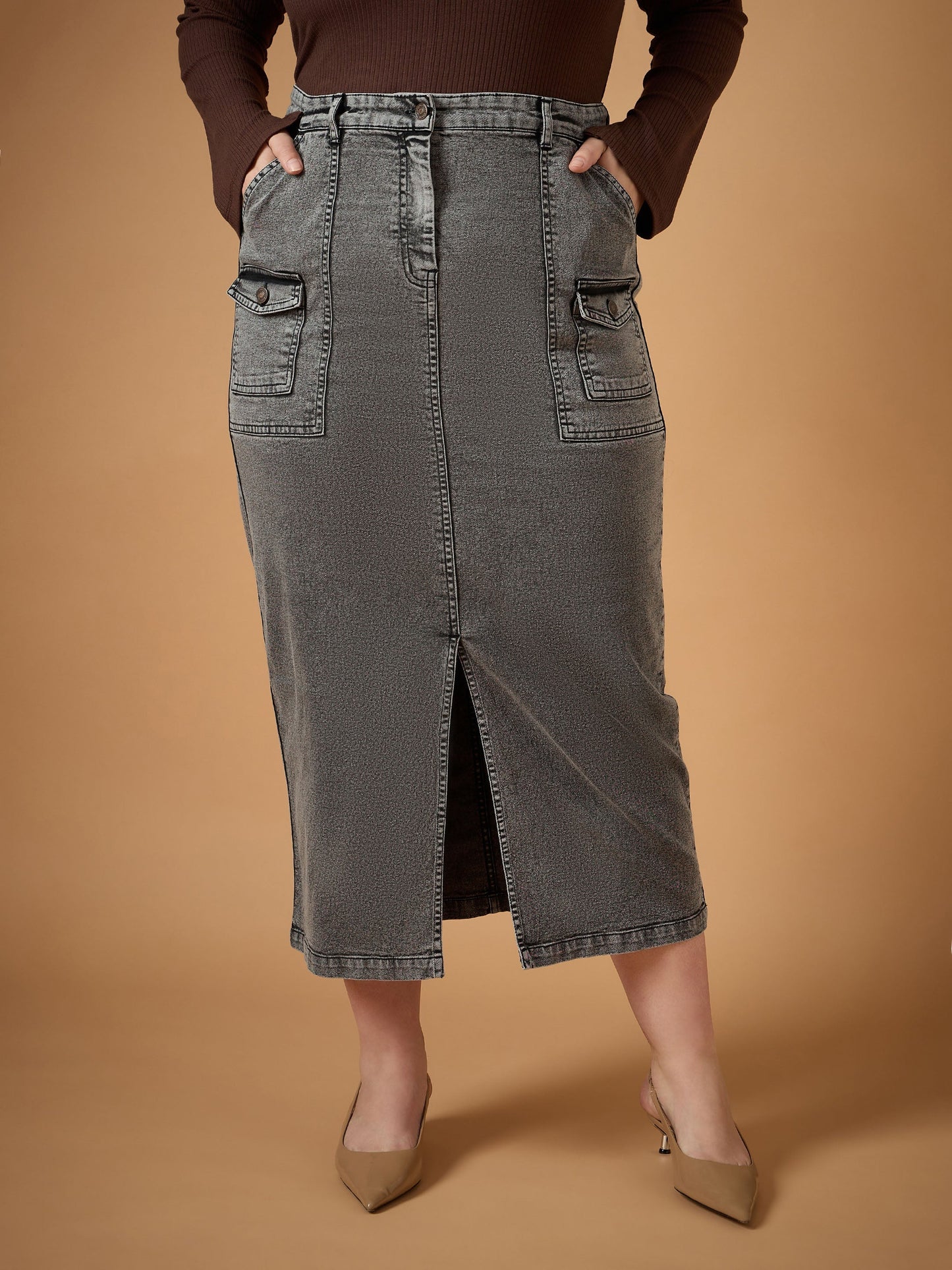 Black Denim Wash Front Slit Skirt