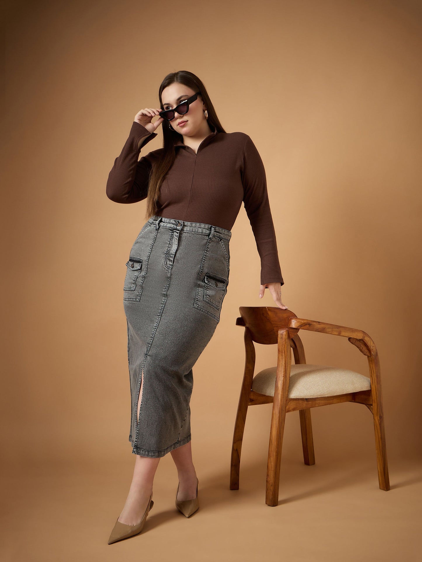 Black Denim Wash Front Slit Skirt