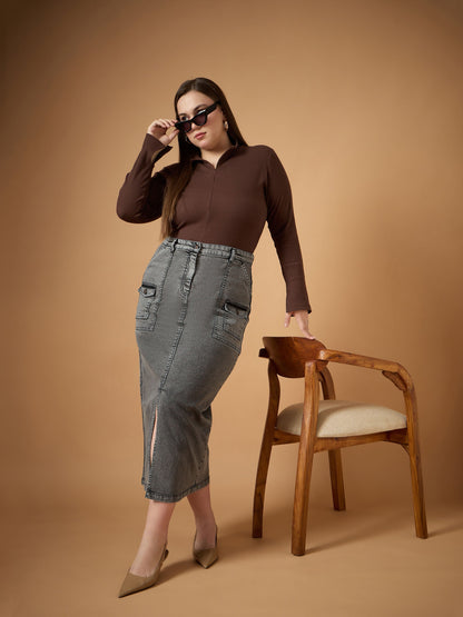 Black Denim Wash Front Slit Skirt