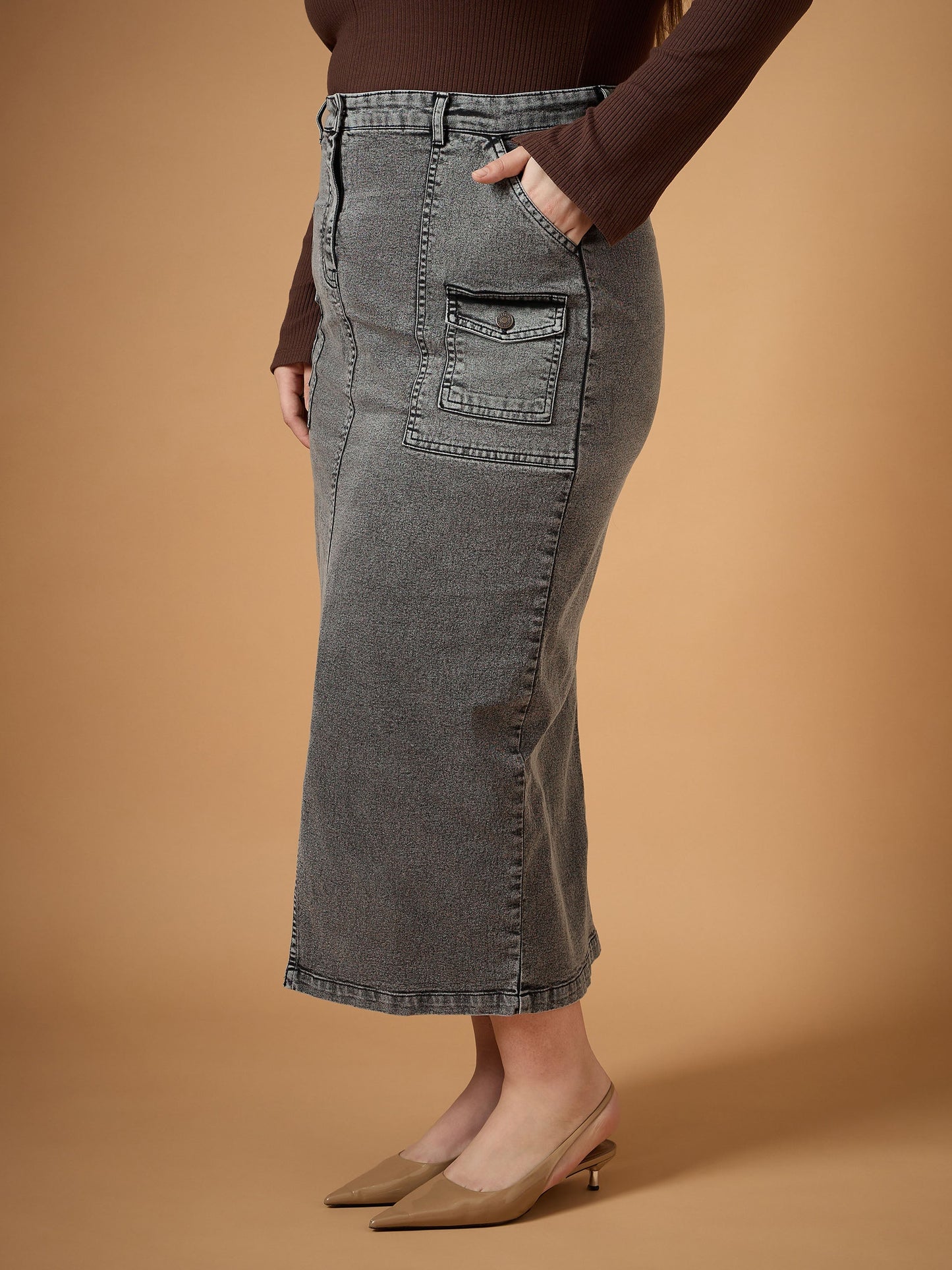 Black Denim Wash Front Slit Skirt