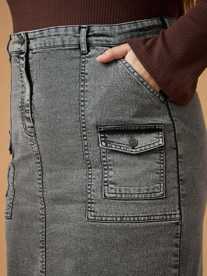 Black Denim Wash Front Slit Skirt