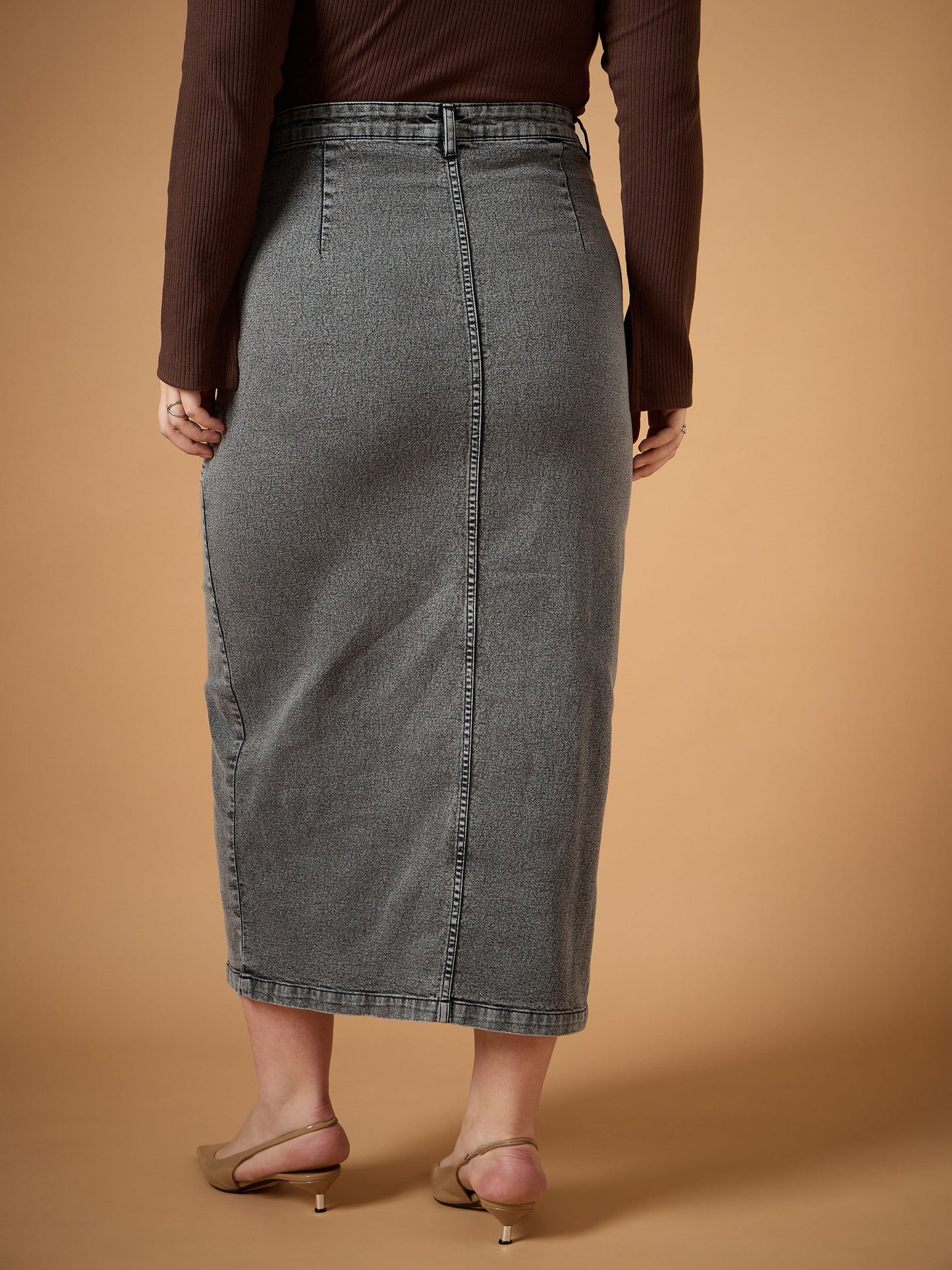 Black Denim Wash Front Slit Skirt