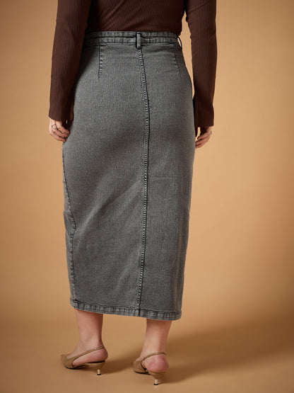 Black Denim Wash Front Slit Skirt