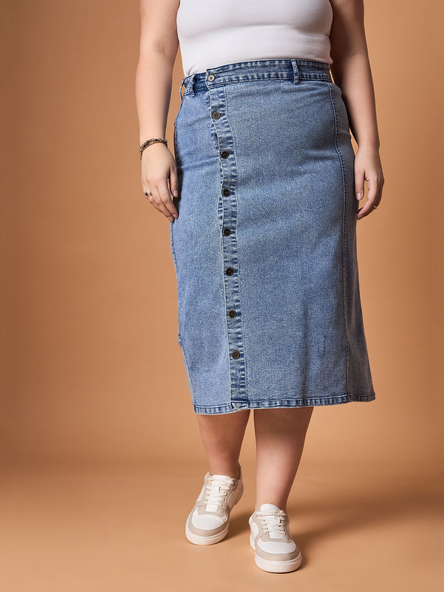 Plus size women's Blue Denim Blue Wash Denim Side Button Midi Skirt by Sassafras Curve for wholesale buyers, boutiques, resellers and bulk orders