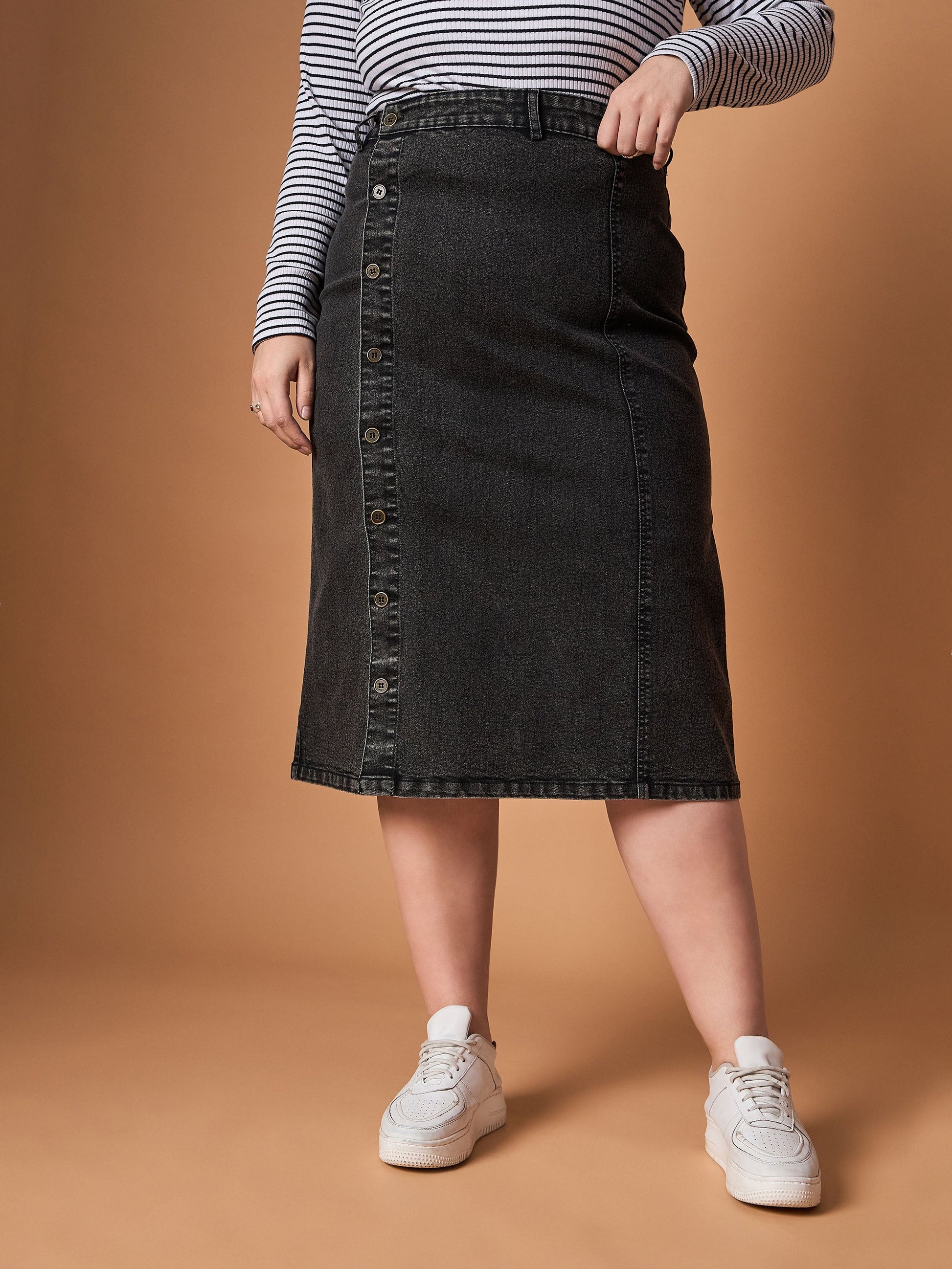 Plus size women's Black Denim Black Acid Wash Denim Side Button Midi Skirt by Sassafras Curve for wholesale buyers, boutiques, resellers and bulk