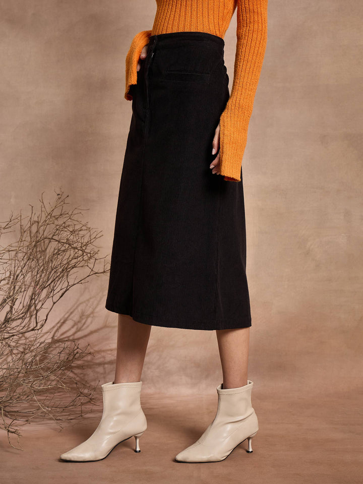 Women Black Corduroy Mock Pocket Midi Skirt