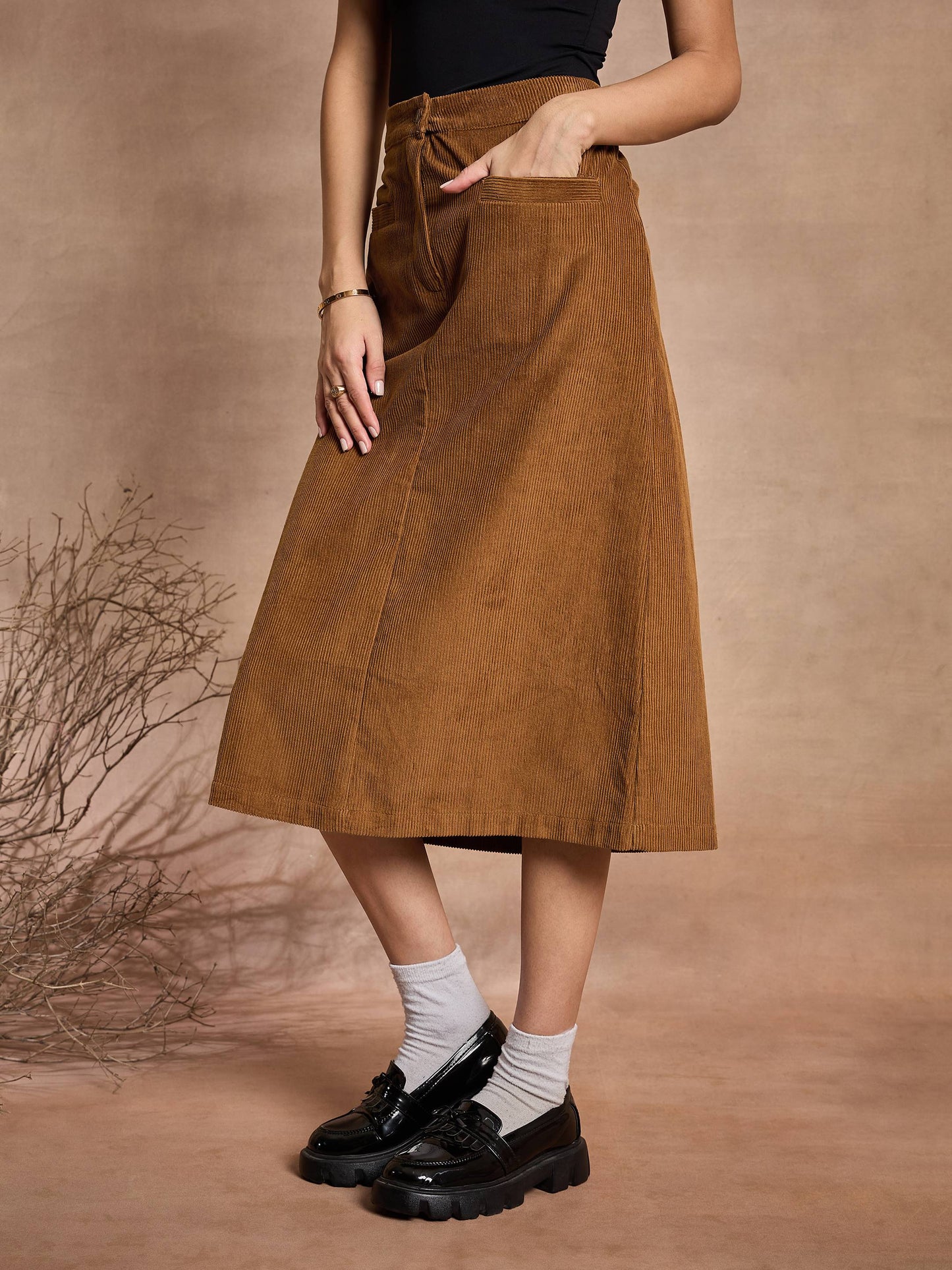 Women Brown Corduroy Mock Pocket Skirt