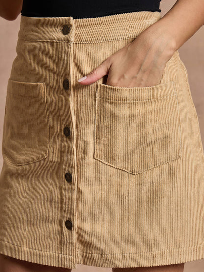 Beige Corduroy Front Button Mini Skirt