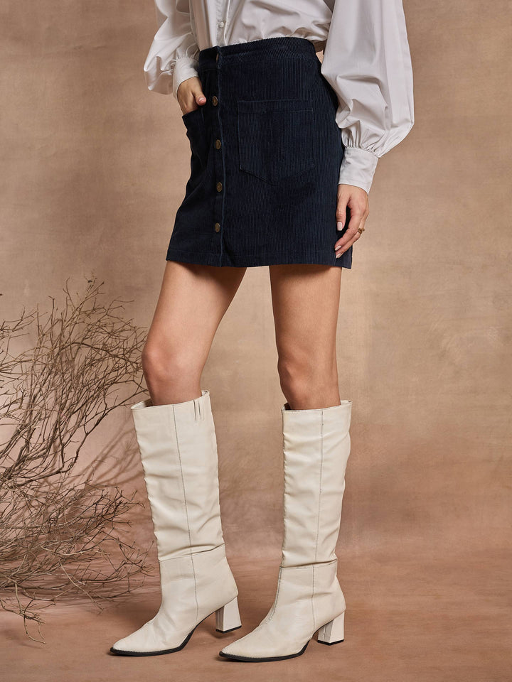 Women Navy Front Button Mini Skirt