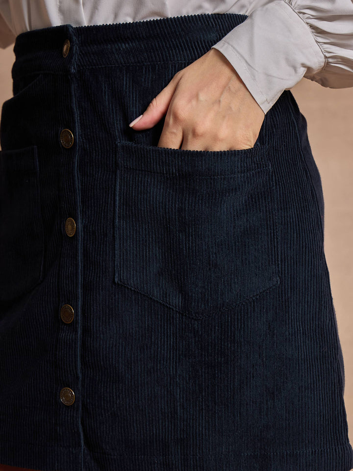 Women Navy Front Button Mini Skirt