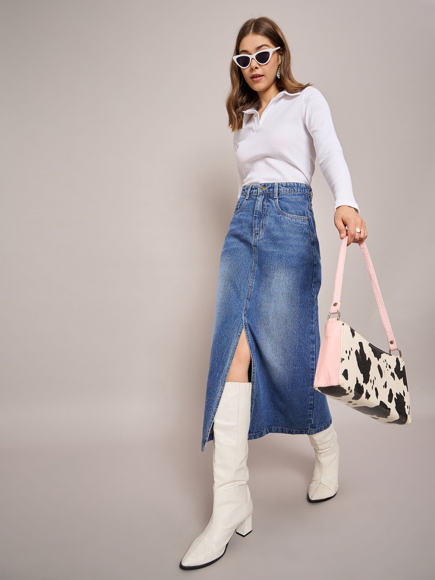 Women Blue Denim Front Slit Midi Skirt