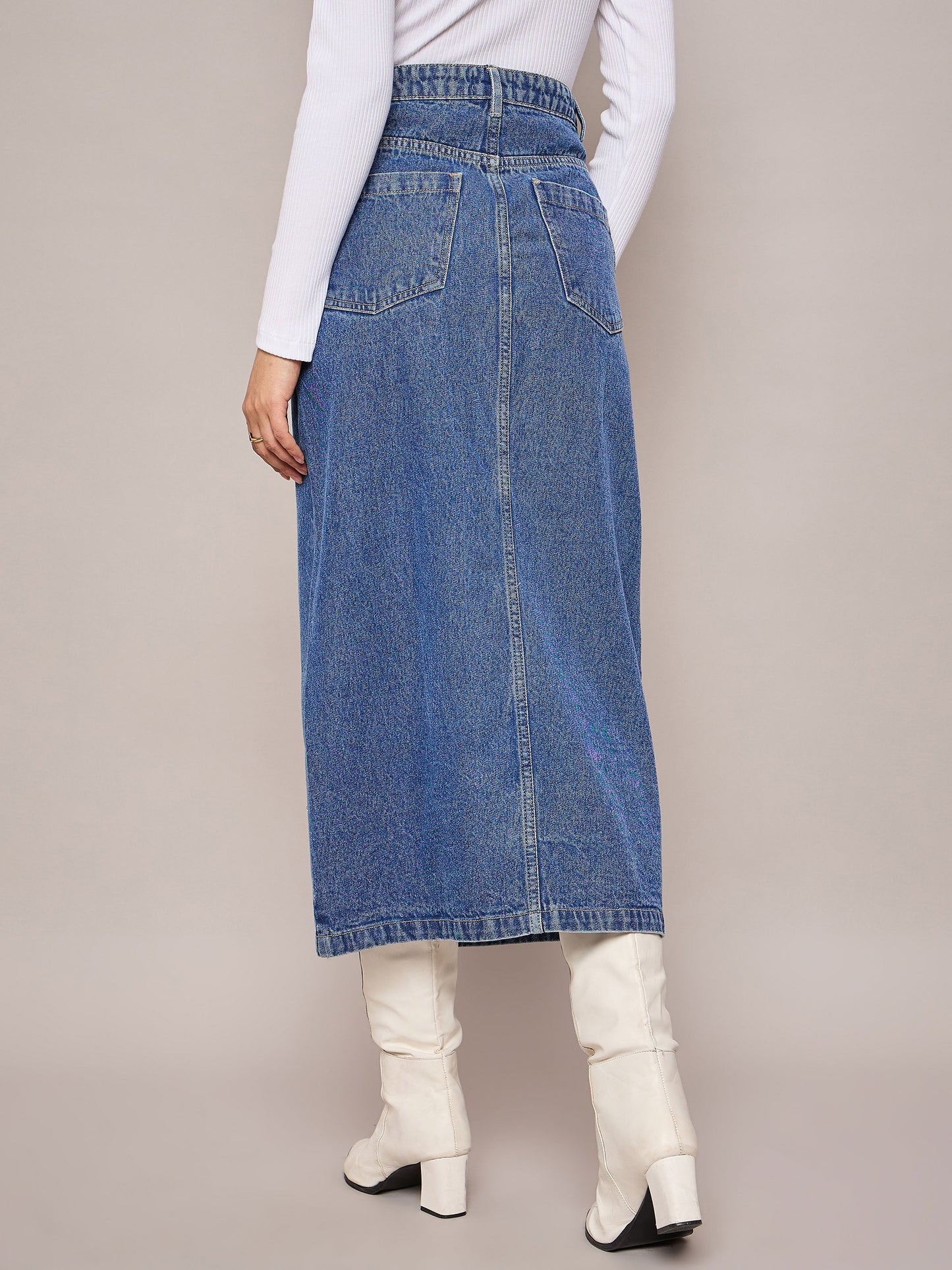 Women Blue Denim Front Slit Midi Skirt