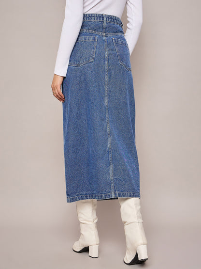 Women Blue Denim Front Slit Midi Skirt