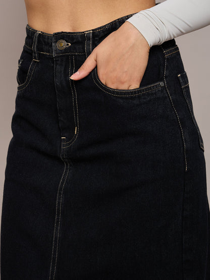 Women Black Denim Front Slit Midi Skirt