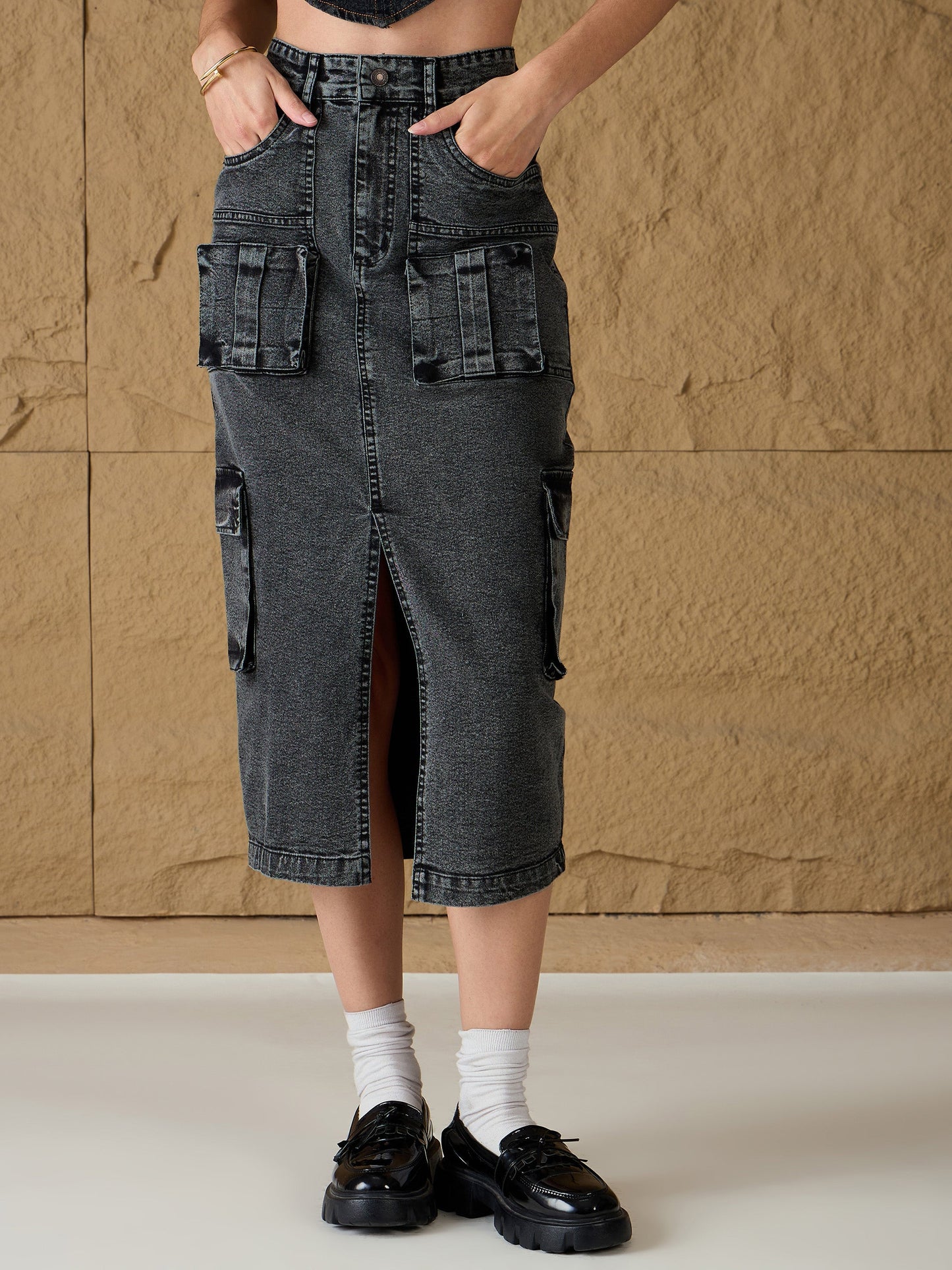 Grey Washed Denim Box Pocket Midi Skirt