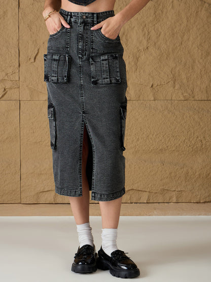 Grey Washed Denim Box Pocket Midi Skirt