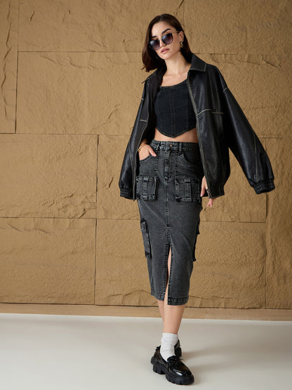 Grey Washed Denim Box Pocket Midi Skirt