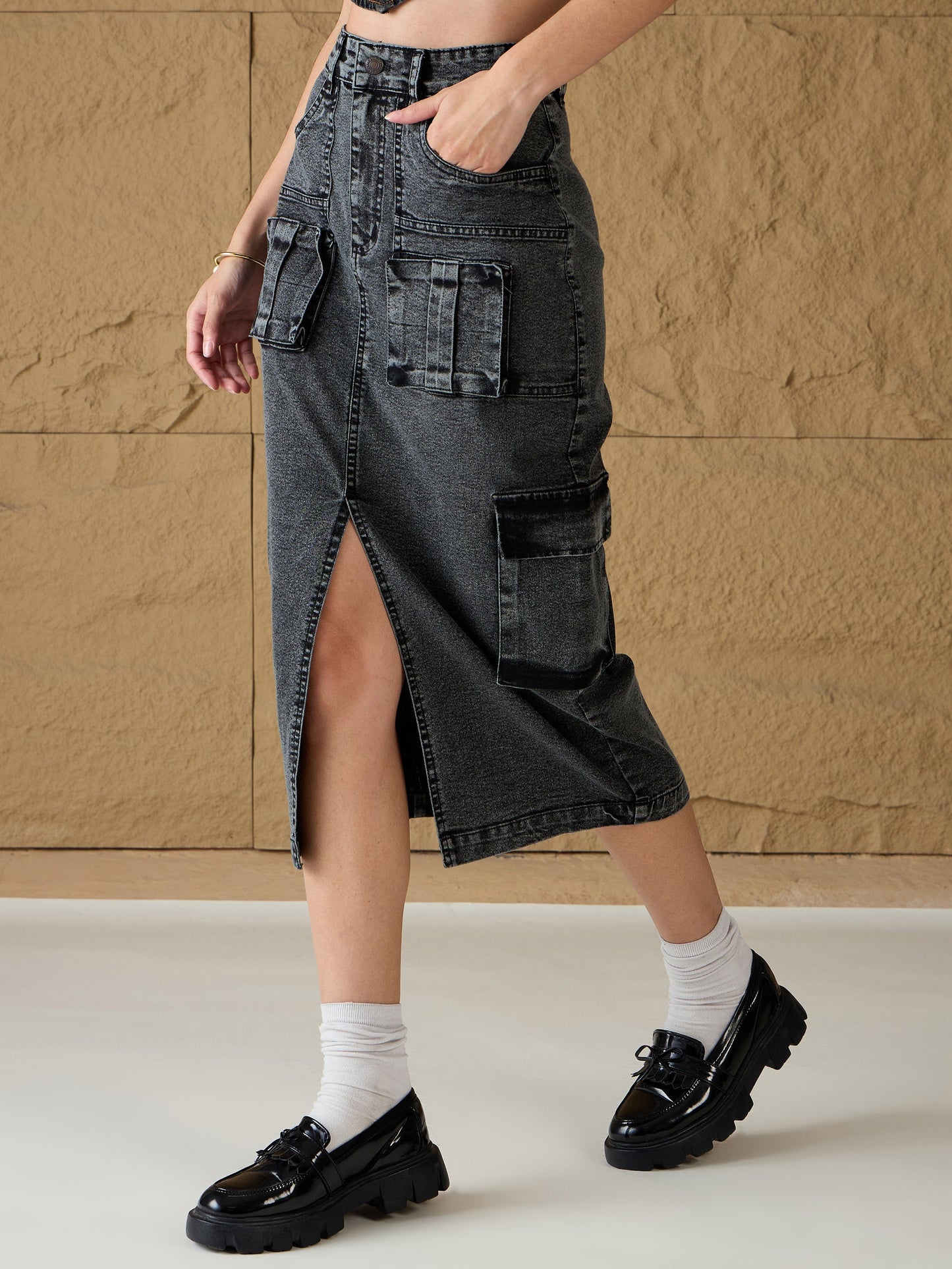 Grey Washed Denim Box Pocket Midi Skirt