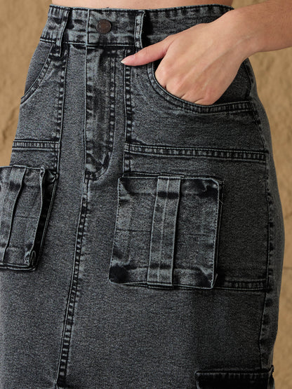 Grey Washed Denim Box Pocket Midi Skirt