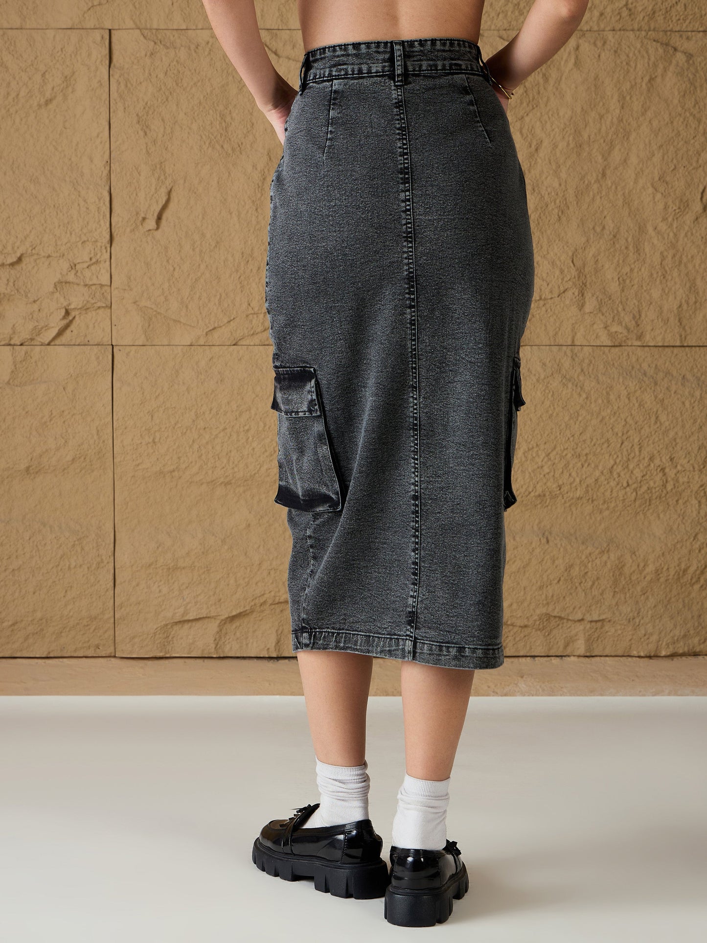Grey Washed Denim Box Pocket Midi Skirt