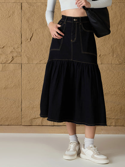 Black Denim Flared Midi Skirt