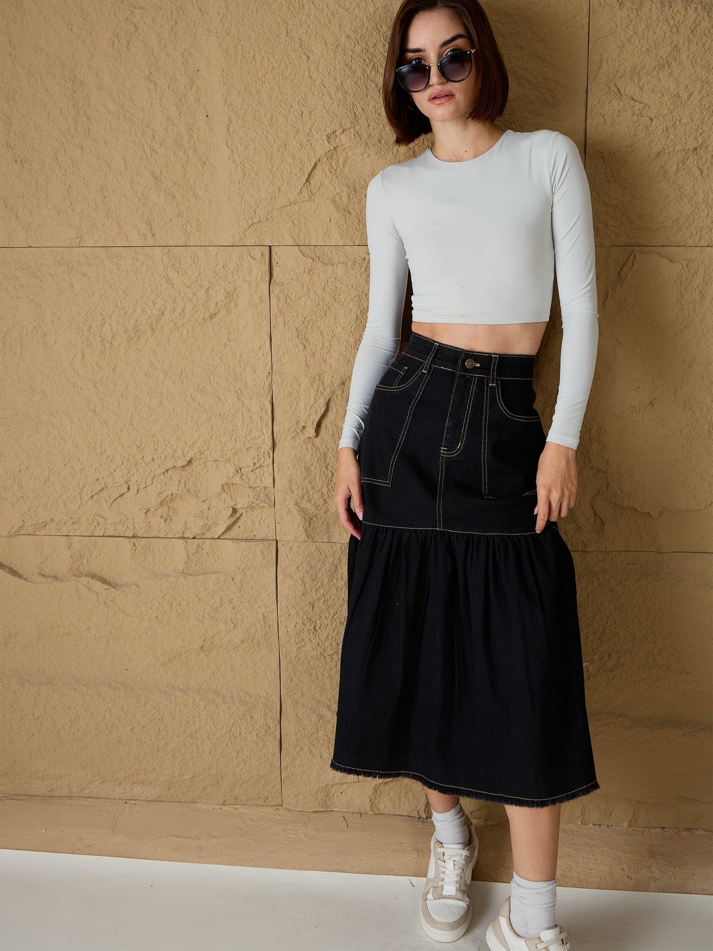 Black Denim Flared Midi Skirt