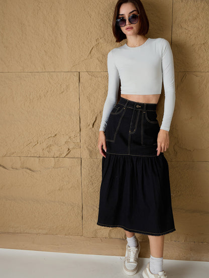 Black Denim Flared Midi Skirt