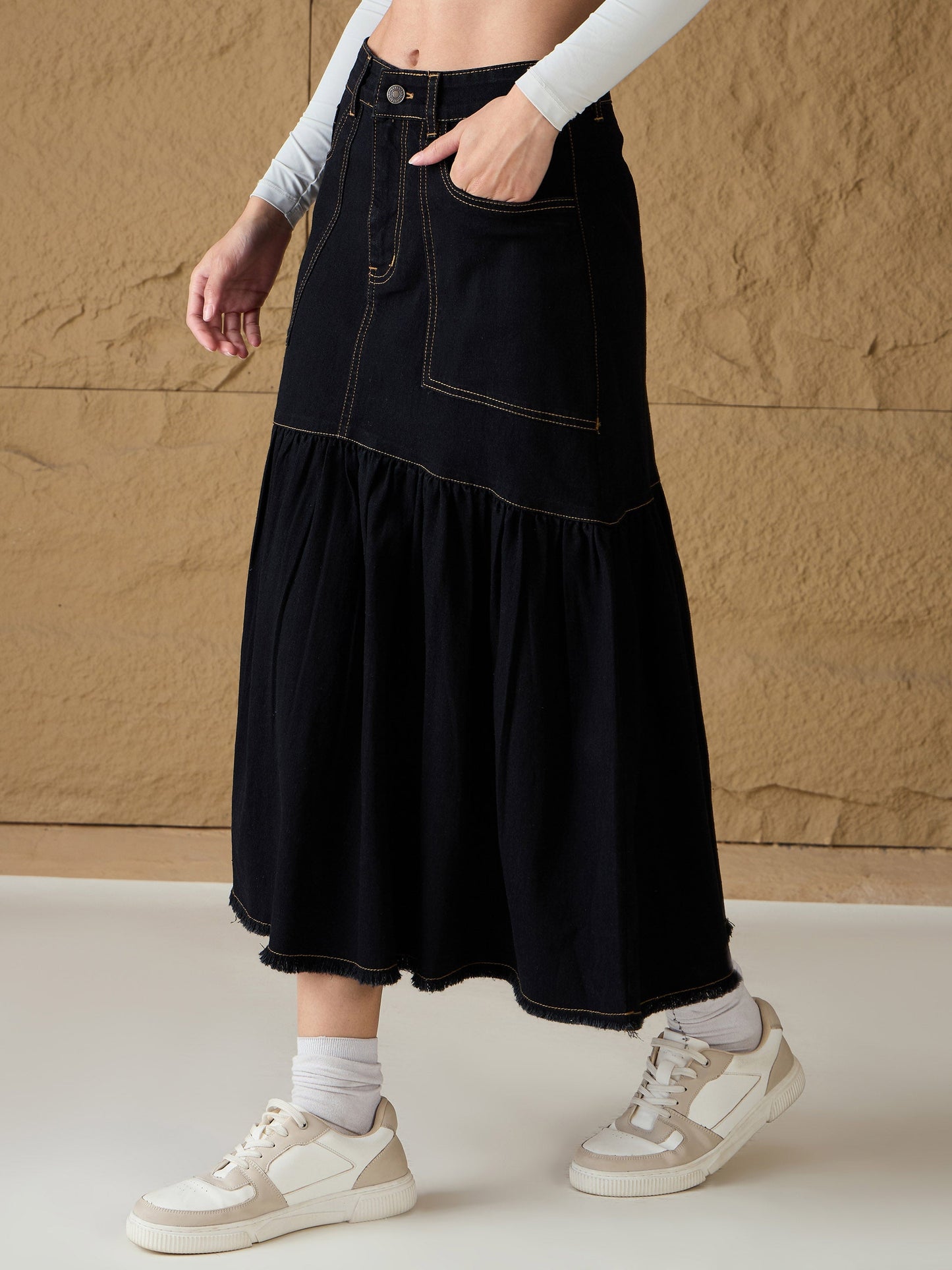 Black Denim Flared Midi Skirt