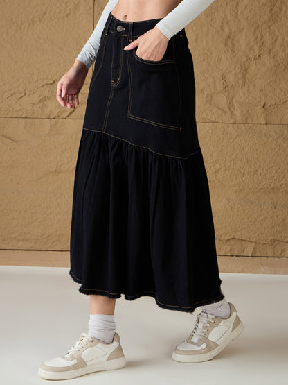 Black Denim Flared Midi Skirt