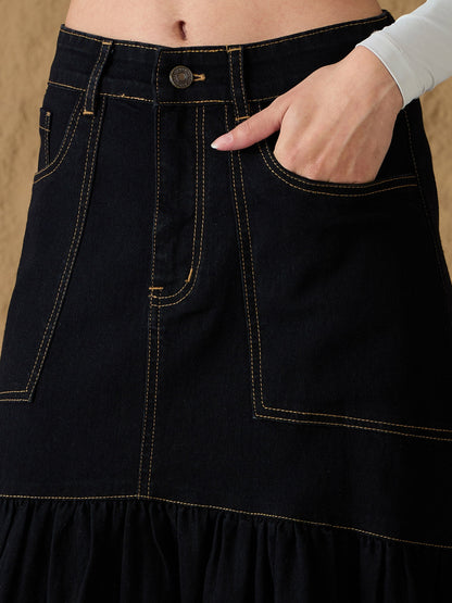 Black Denim Flared Midi Skirt