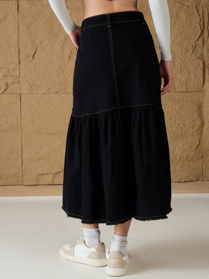 Black Denim Flared Midi Skirt